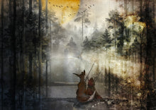 Load image into Gallery viewer, Whimsical Fox and Girl fly-fishing in a forest with a sunset and birds flying overhead.
